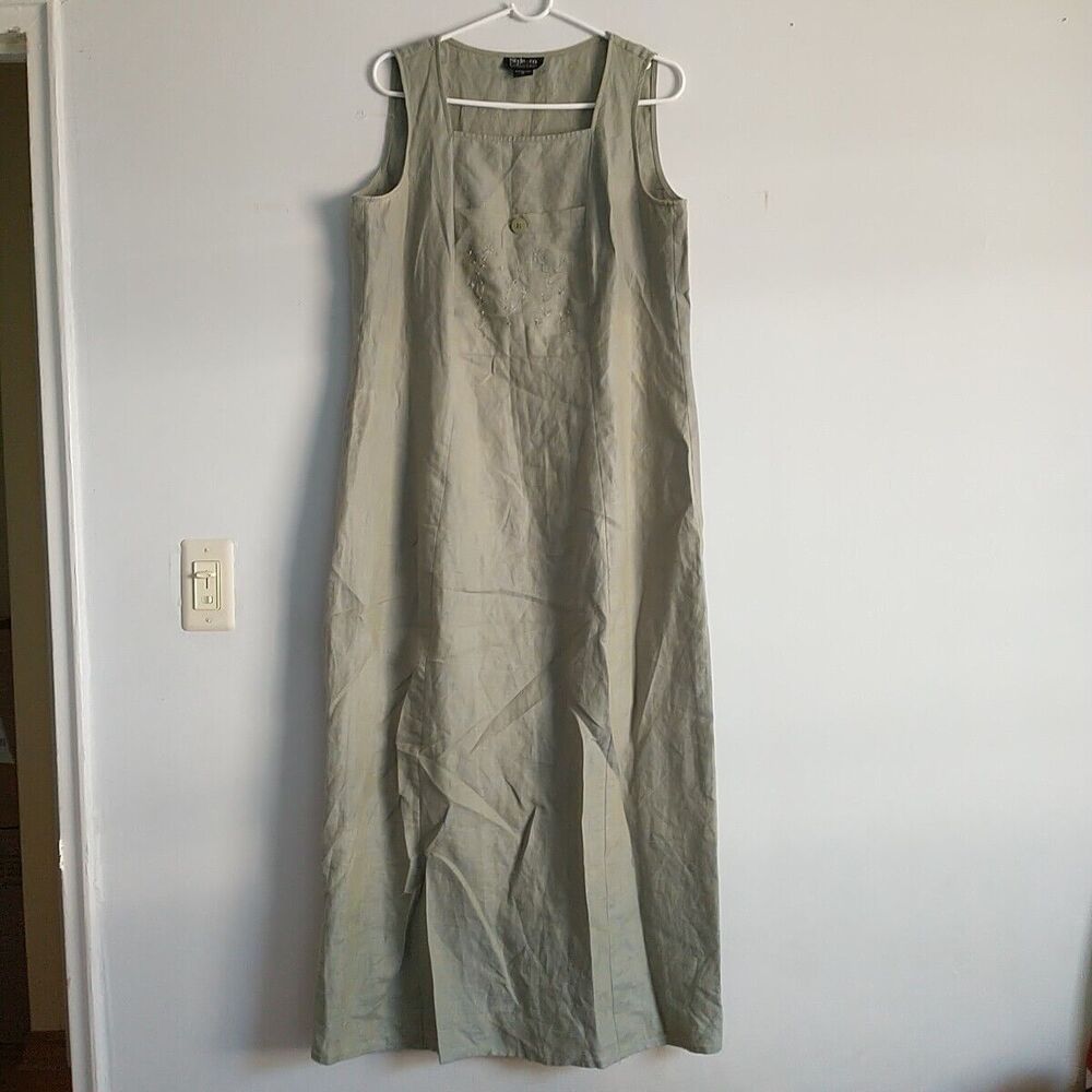 Style&Co Collectio Dress 12 Green Linen Maxi Pocket Beade Sequin Embroidery*FLAW